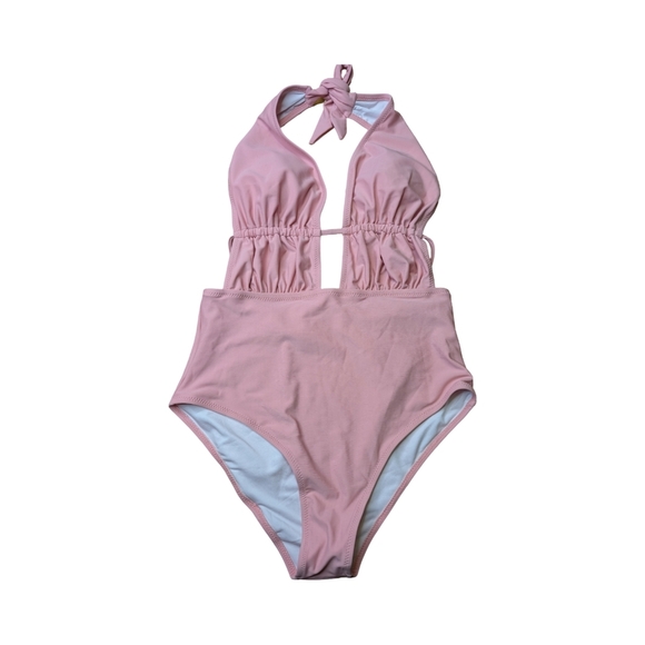 Trikini Ruched Halter One Piece Lilac Pink Swimsuit Tie Back Beachsissi Size S - Picture 8 of 8